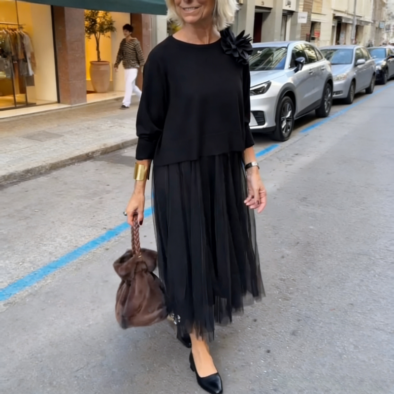 Conjunto de Top de Manga Larga y Vestido sin Mangas en color negro