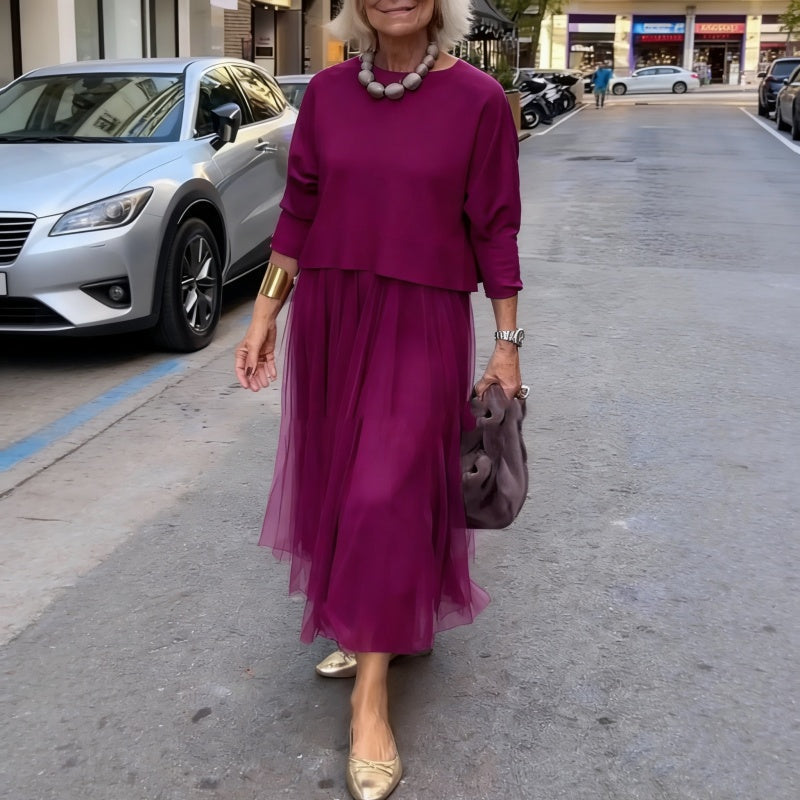 Conjunto de Top de Manga Larga y Vestido sin Mangas en color fucsia