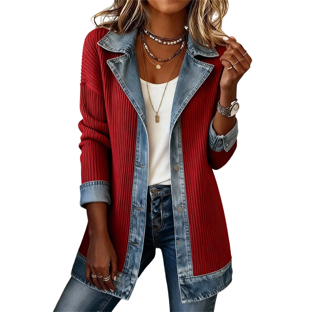 Chaqueta Vaquera con Punto Canalé en color rojo