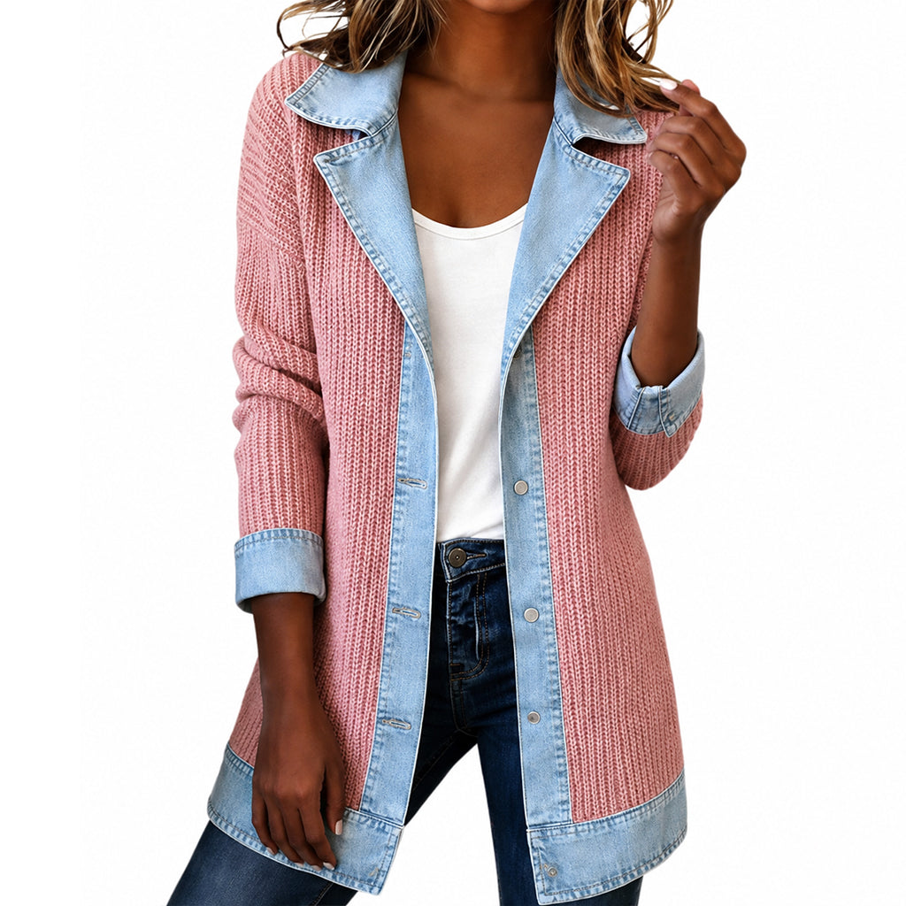 Chaqueta Vaquera con Punto Canalé en color rosa