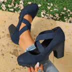 Zapatos Mary Jane con Tacón Ancho y Plataforma en azul, ante sintético