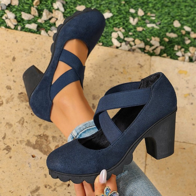 Zapatos Mary Jane con Tacón Ancho y Plataforma en azul, ante sintético